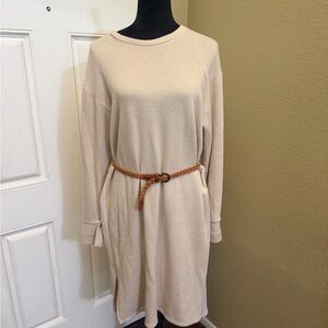 Zara Cream Long Sleeve Knit Dress with Braided Tan Belt